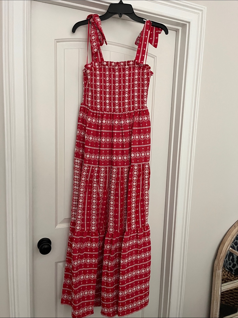 Red Printed Tie-Shoulder Maxi Dress with Smocked Bodice